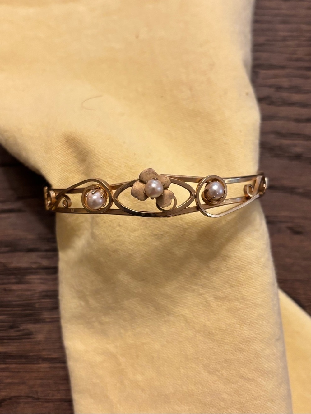 Vintage Gold Tone with Pearl Accent Floral Bangle Bracelet